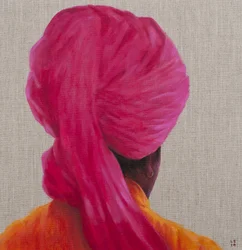 Rosa Turban, Orange Jacke, 2014